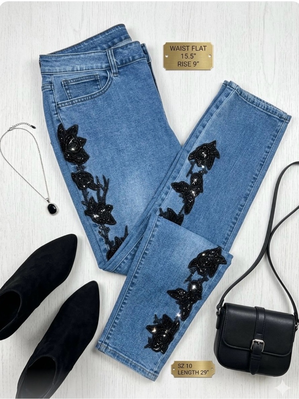 AZI Blue jeans with black floral lace and sparkle Appliqués Border on legs Sz 10